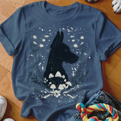 Dark silhouette of a dog's head surrounded by mushrooms and floral elements.