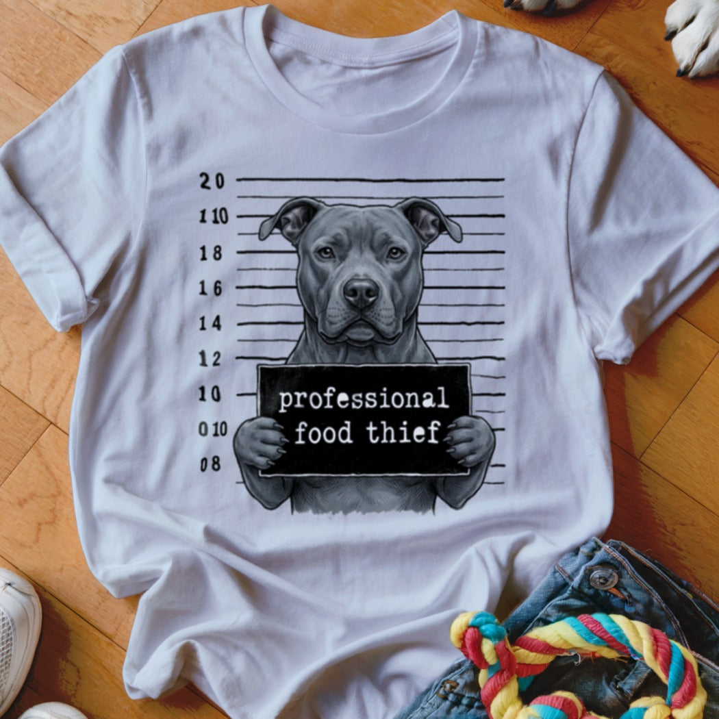 White t-shirt with a Pitbull mugshot graphic reading "professional food thief".