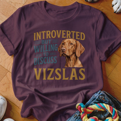 Maroon t-shirt with Vizsla dog graphic and text "Introverted But Willing To Discuss Vizslas".