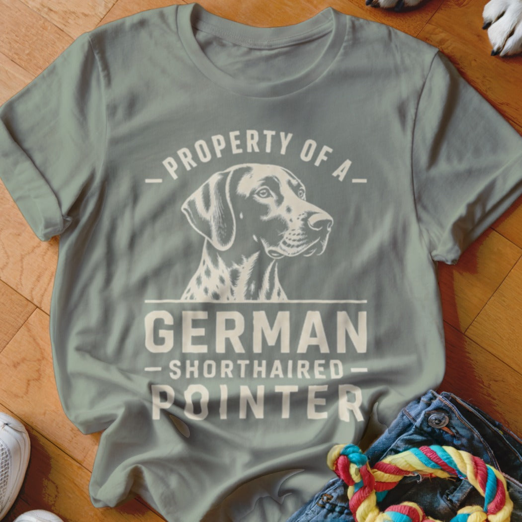 T-shirt with graphic of a German Shorthaired Pointer and text "Property of a German Shorthaired Pointer".