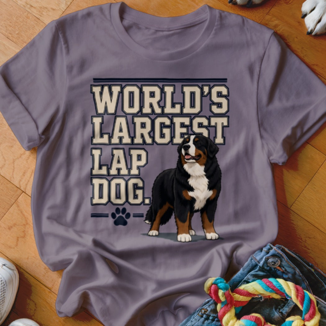 T-shirt with "World's Largest Lap Dog" text and Bernese Mountain Dog illustration.