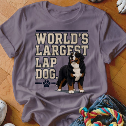 T-shirt with "World's Largest Lap Dog" text and Bernese Mountain Dog illustration.