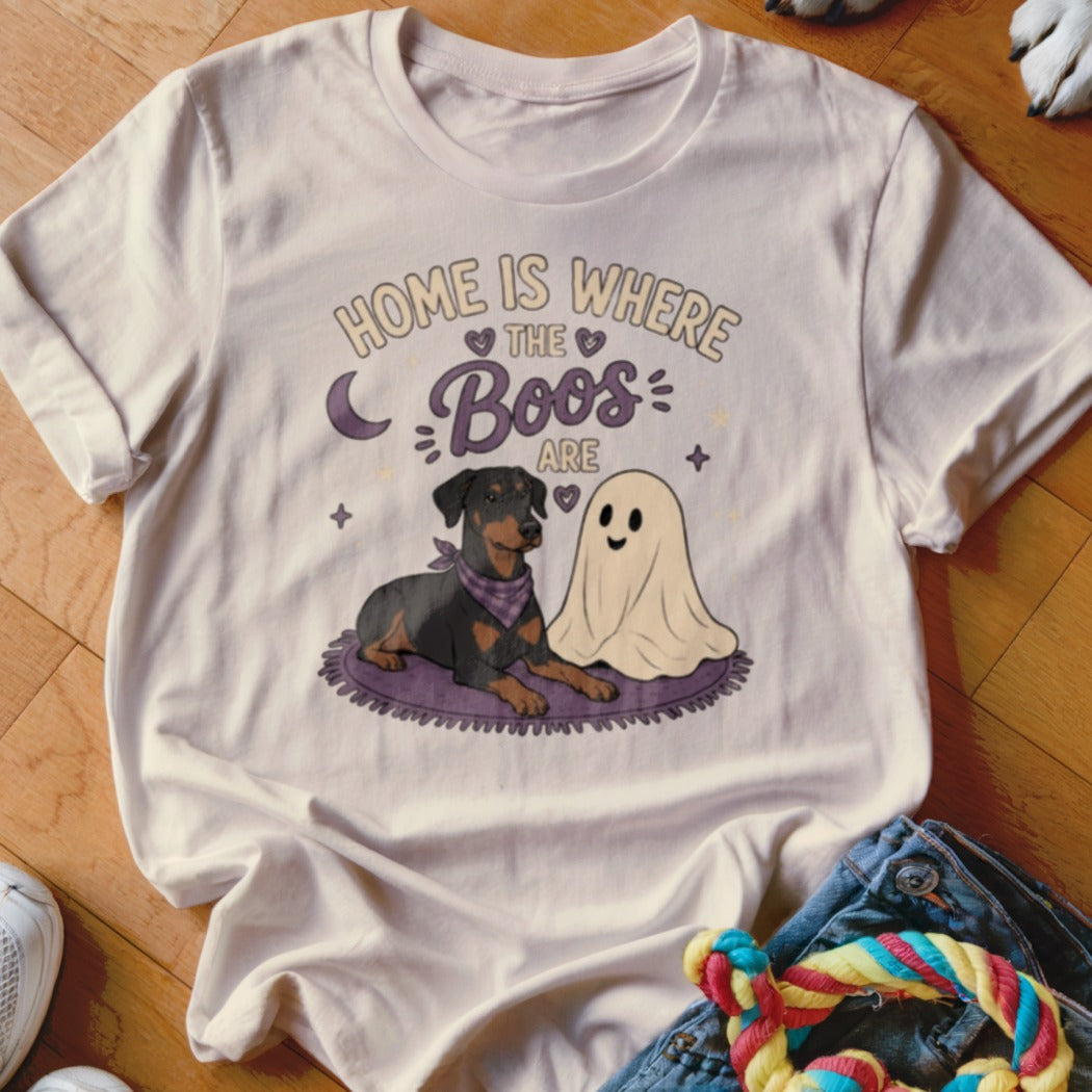 T-shirt graphic of a Doberman and a ghost with text "HOME IS WHERE THE BOOS ARE."