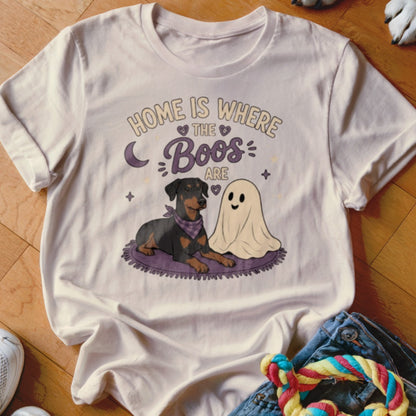 T-shirt graphic of a Doberman and a ghost with text "HOME IS WHERE THE BOOS ARE."