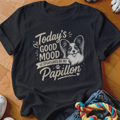 Black t-shirt with text "Today's GOOD MOOD IS SPONSORED BY MY Papillon" and a dog.