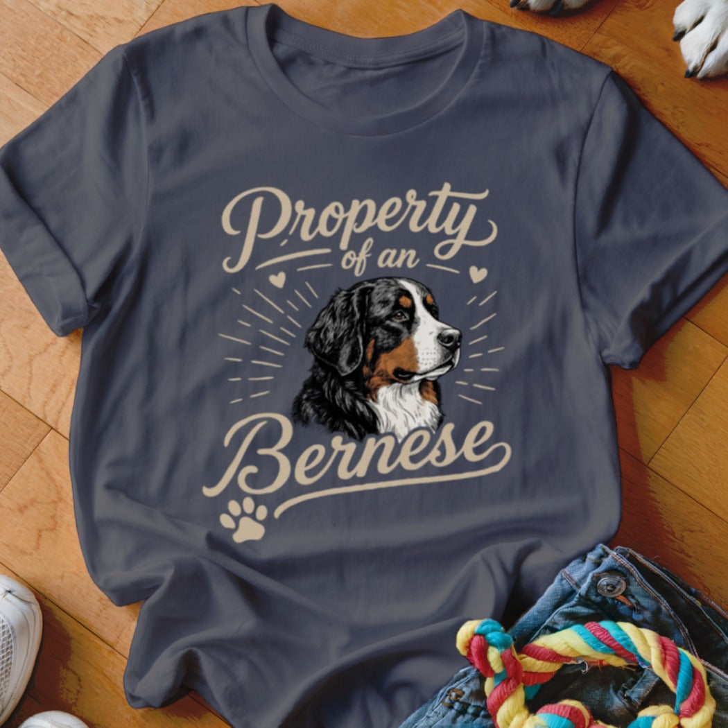 Dark gray t-shirt featuring a Bernese Mountain Dog graphic and the text Property of a Bernese.