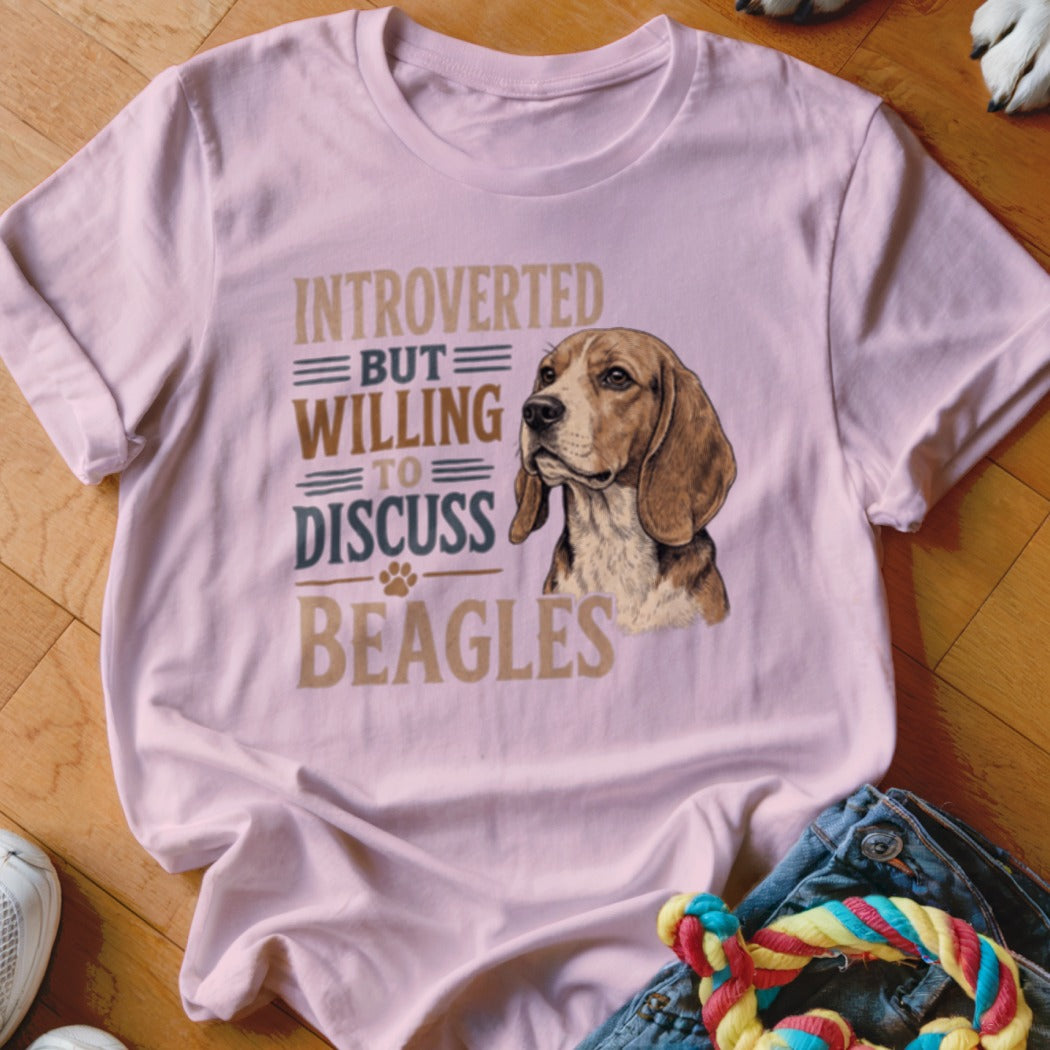 Pink t-shirt with Beagle illustration and text "Introverted but willing to discuss Beagles."