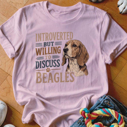 Pink t-shirt with Beagle illustration and text "Introverted but willing to discuss Beagles."