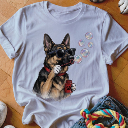 White t-shirt featuring an illustration of a German Shepherd wearing sunglasses and blowing bubbles.