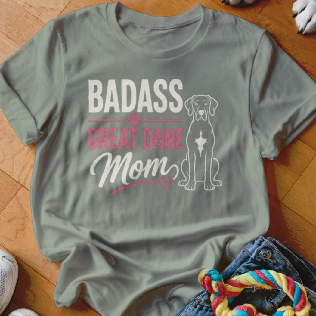 "Badass Great Dane Mom" text with line art of a Great Dane and pink heart.