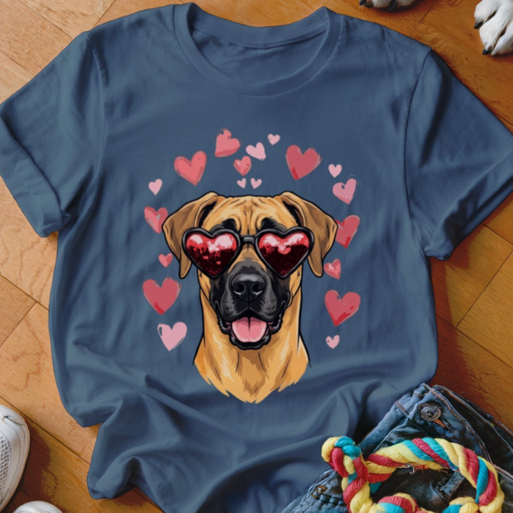 Navy blue t-shirt featuring a cartoon dog wearing heart-shaped sunglasses surrounded by pink hearts.