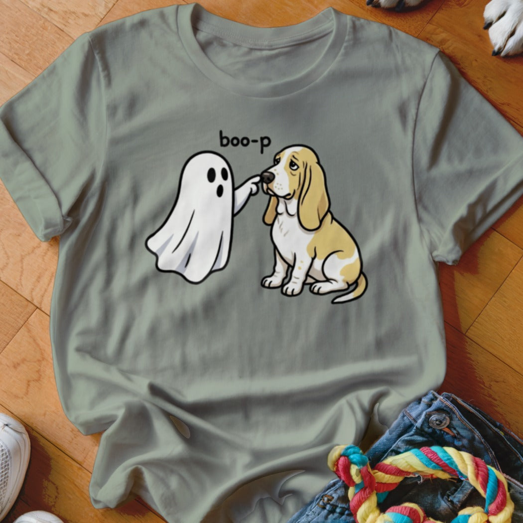 Ghost playfully boops a Basset Hound with text "boo-p" on a grey t-shirt.