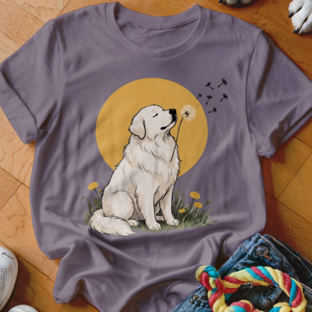 A purple t-shirt featuring an illustration of a white dog blowing a dandelion against a yellow sun.