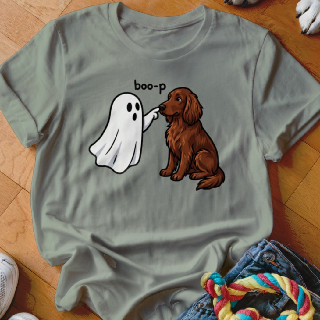 Ghost poking a dog's nose with "boo-p" text above