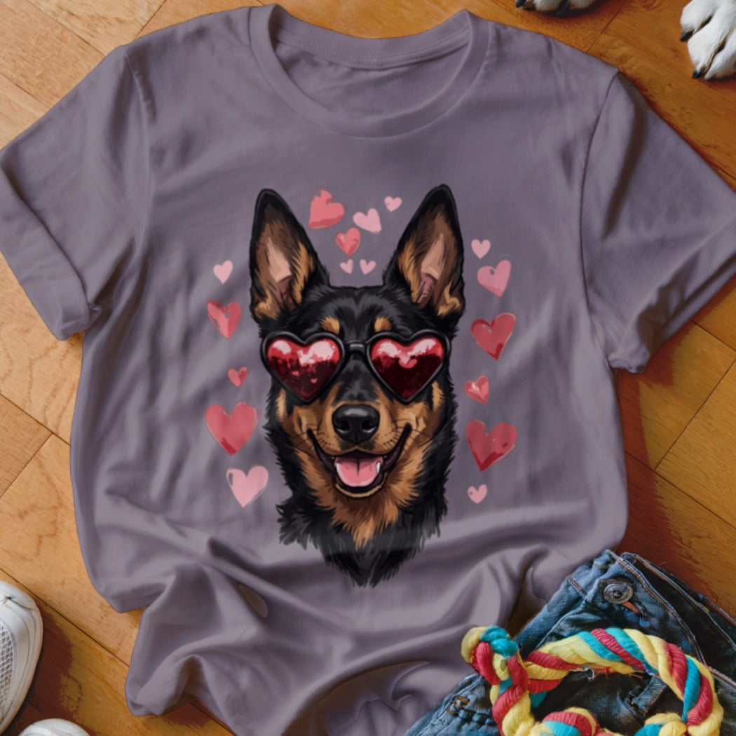 A mauve crewneck t-shirt featuring a graphic of a German Shepherd wearing heart sunglasses, surrounded by pink hearts.