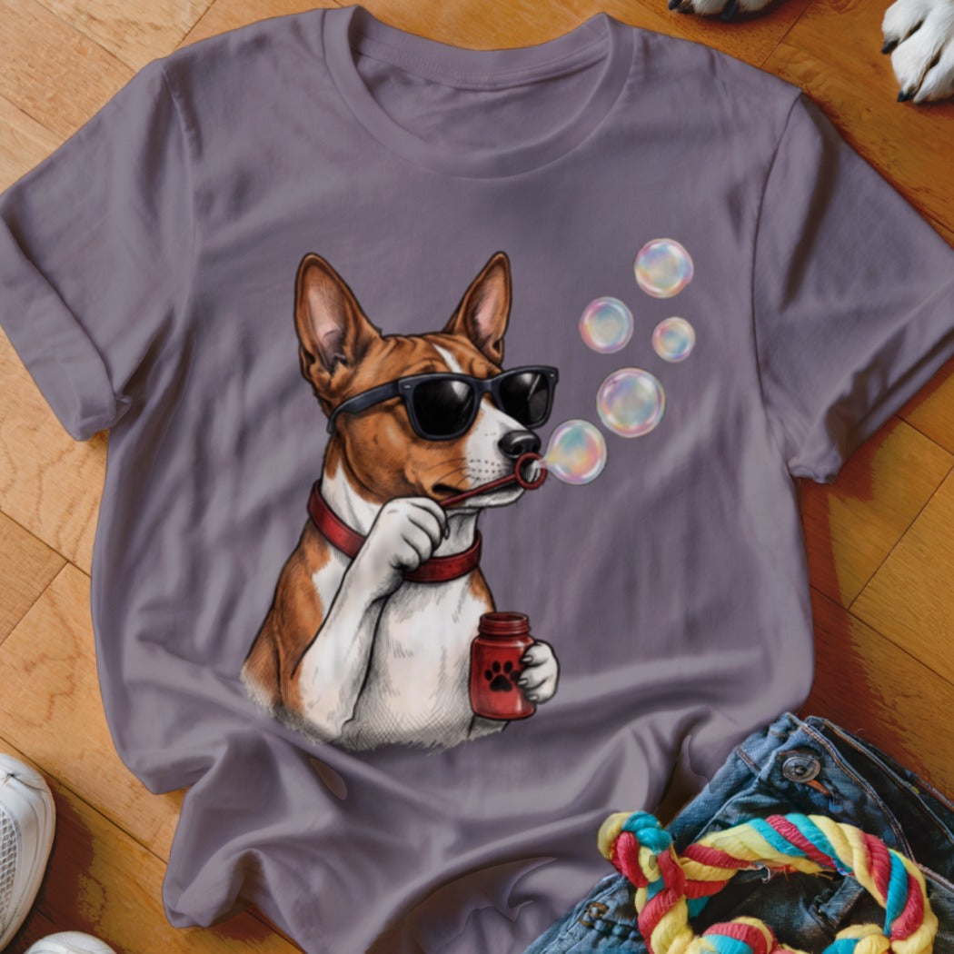 Grey crewneck t-shirt featuring a graphic of a Basenji dog wearing sunglasses and blowing bubbles.