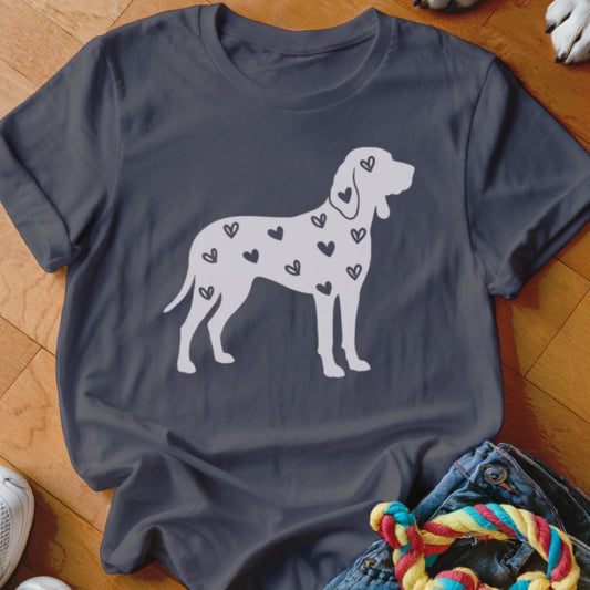 Dark gray t-shirt with a white dog silhouette filled with black hearts.
