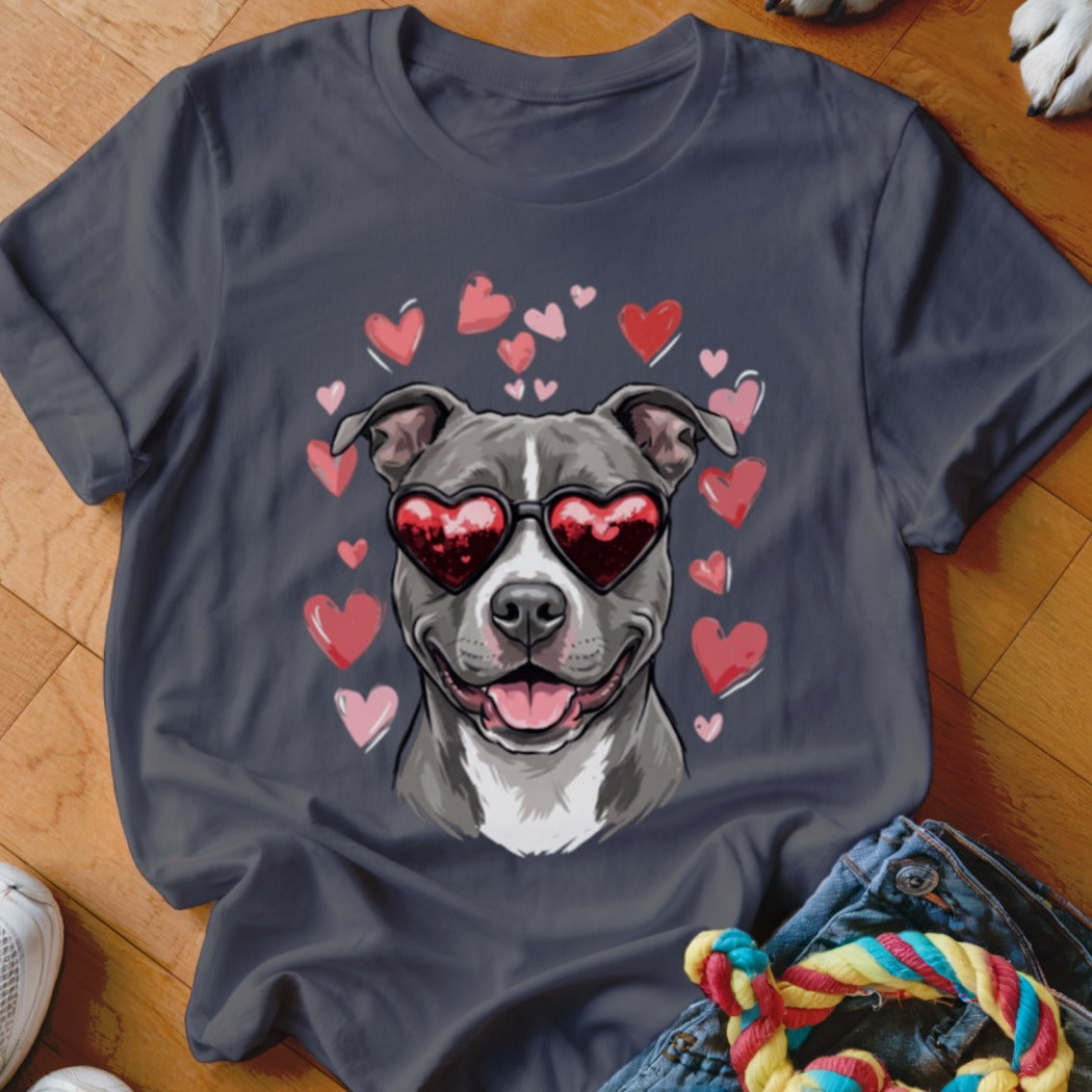 Dark gray crewneck t-shirt featuring an illustration of a smiling pit bull wearing heart-shaped sunglasses surrounded by pink hearts.