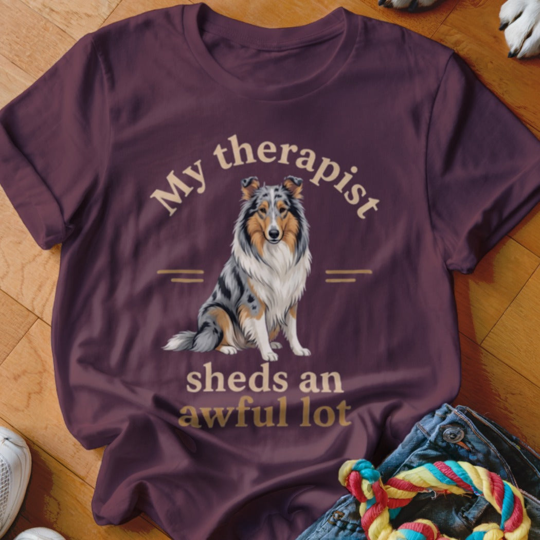 T-shirt with blue merle collie and text "My therapist sheds an awful lot".