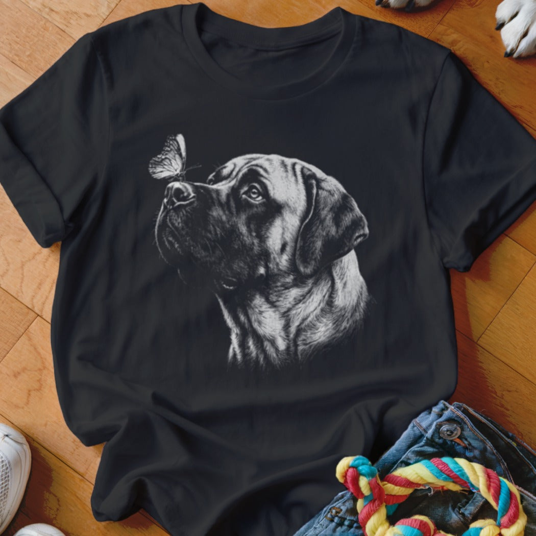 Black t-shirt featuring a white line drawing of a mastiff dog with a butterfly on its nose.