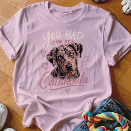 Pink t-shirt with a Catahoula dog illustration and text reading "you had me at Catahoula".