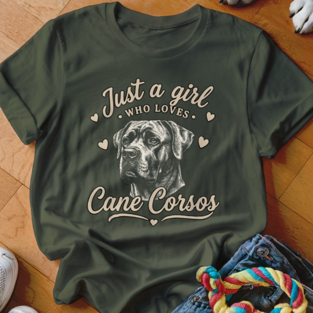 Dark green t-shirt with a vintage graphic of a Cane Corso dog and text reading Just a girl who loves Cane Corsos.