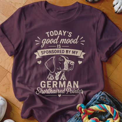 Plum t-shirt with German Shorthaired Pointer graphic and text about good mood.