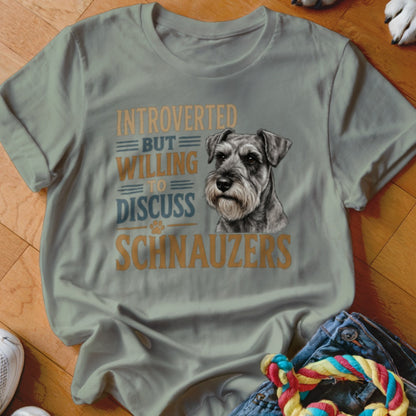 Light green t-shirt with "Introverted But Willing To Discuss Schnauzers" and a dog portrait.
