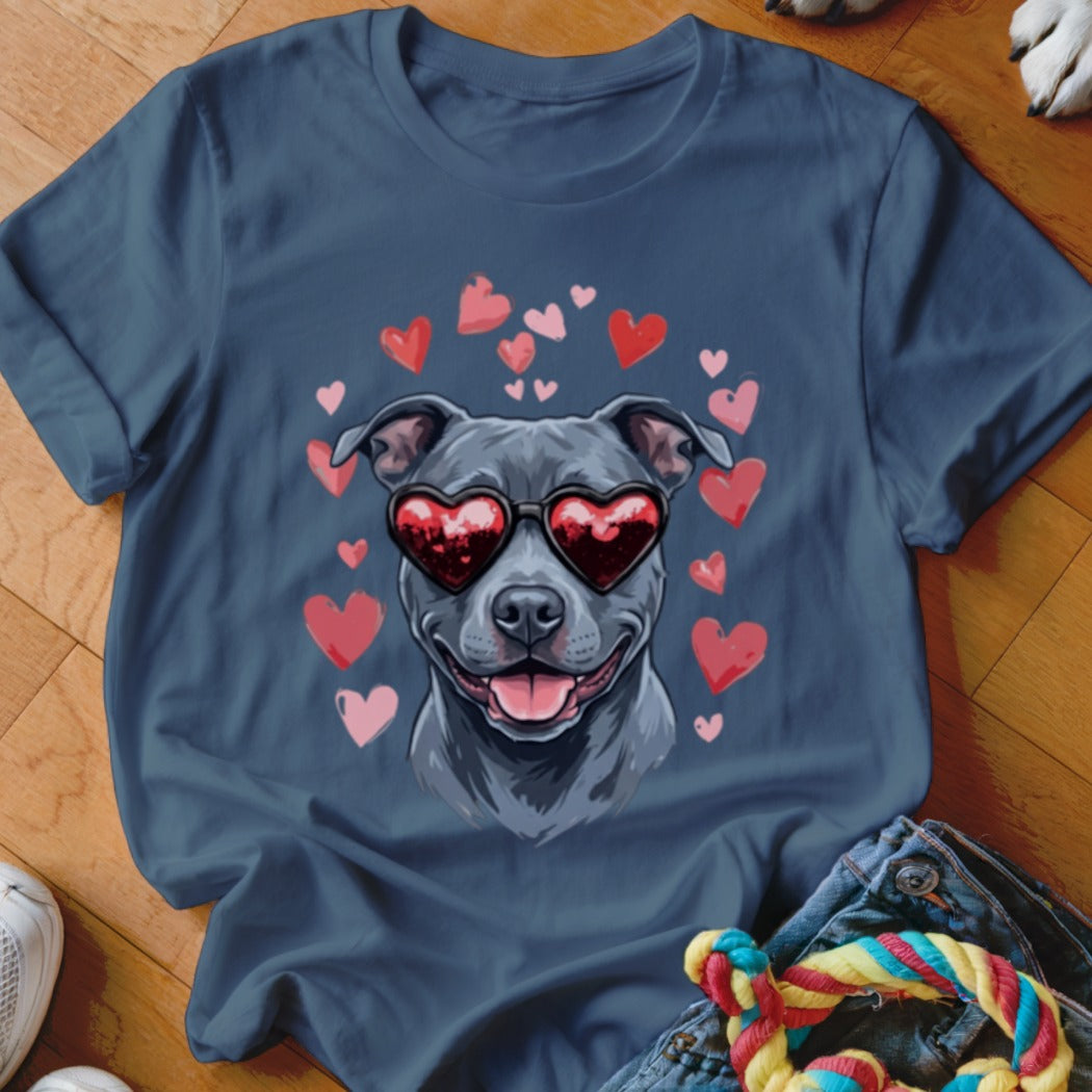 A dark blue t-shirt printed with a graphic of a grey dog wearing heart-shaped sunglasses surrounded by floating red and pink hearts.