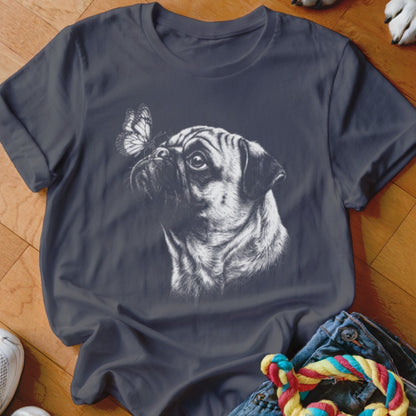 Dark gray short-sleeved t-shirt featuring a white line drawing of a pug with a butterfly on its nose.