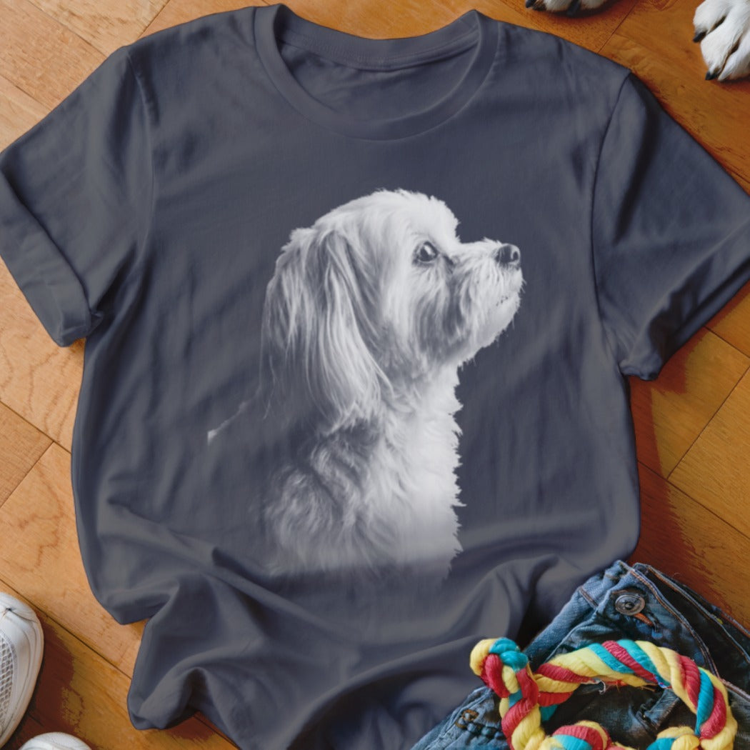 Charcoal t-shirt with a black and white portrait of a white Maltese dog looking up.