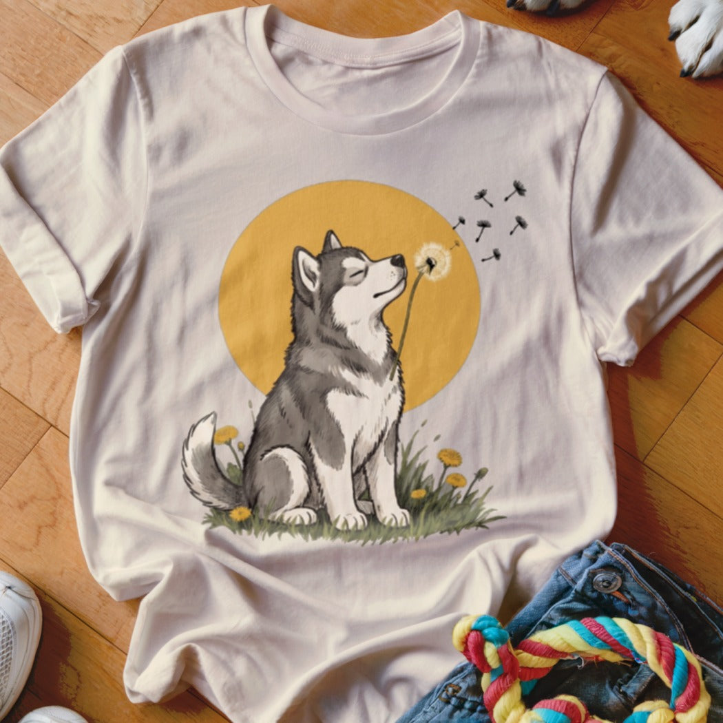 A light-colored t-shirt with a graphic of a husky dog blowing dandelion seeds against a yellow circle.