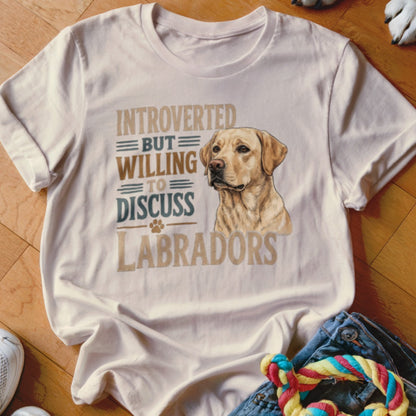 Cream t-shirt with a Labrador dog illustration and text "Introverted but willing to discuss Labradors".