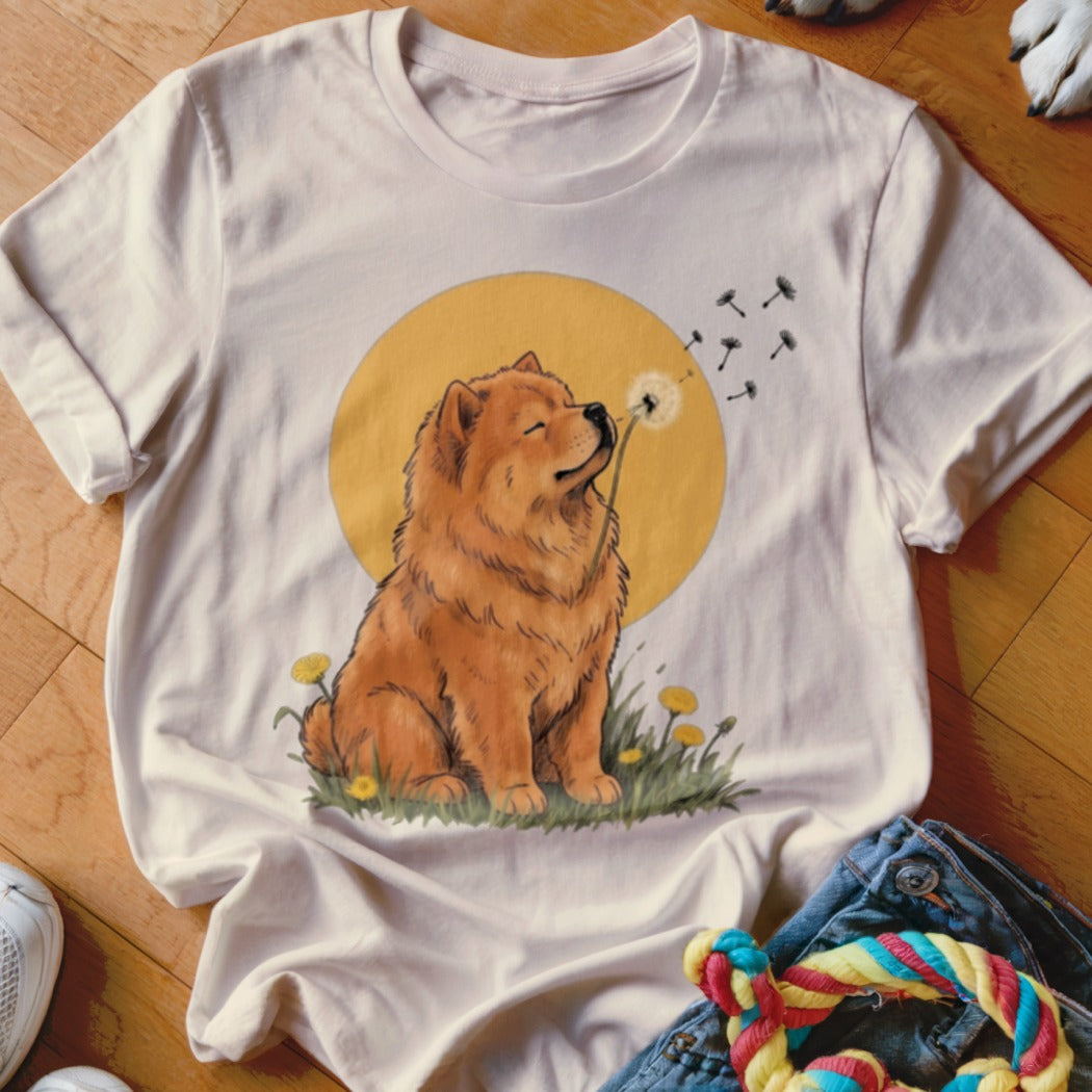 A cream-colored t-shirt with a graphic of a fluffy brown dog blowing dandelion seeds.