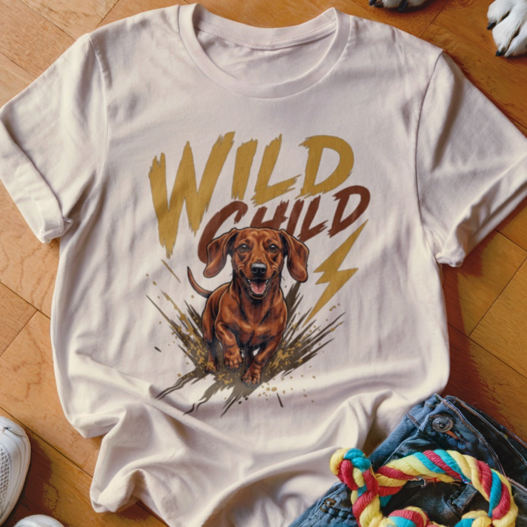 A cream crewneck t-shirt featuring a graphic of a running dachshund and the text Wild Child.