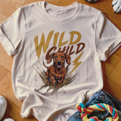 A cream crewneck t-shirt featuring a graphic of a running dachshund and the text Wild Child.