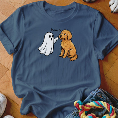 Ghost booping a cute golden doodle dog with "boo-p" text.