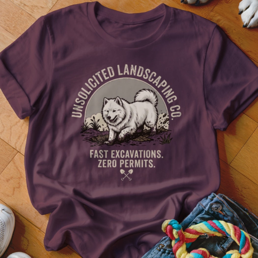 Maroon t-shirt with a white dog and landscaping humor text.