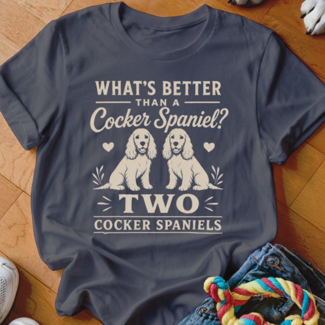 Dark blue t-shirt with "What's Better Than a Cocker Spaniel? Two Cocker Spaniels" text and two dogs.