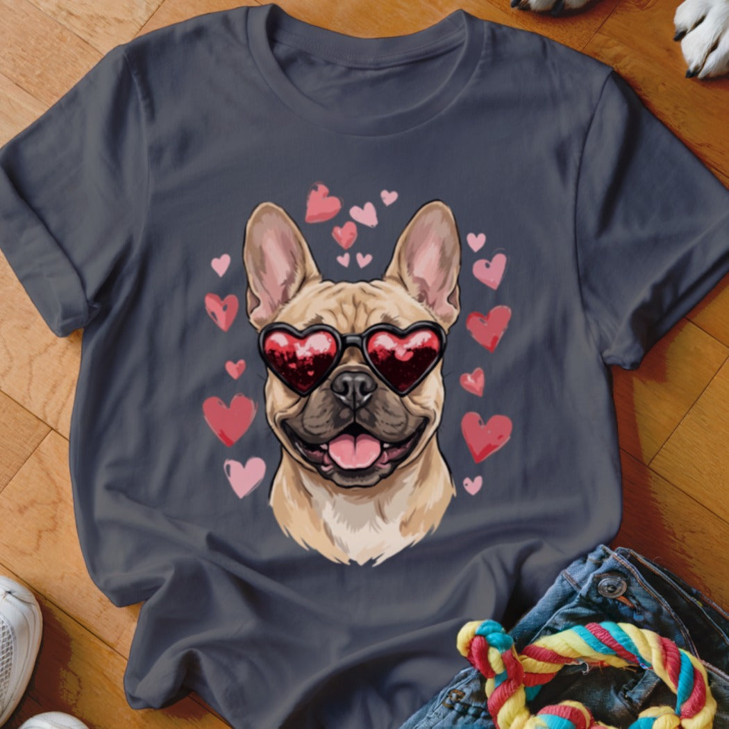 A dark gray t-shirt featuring a French bulldog wearing heart sunglasses surrounded by pink hearts.