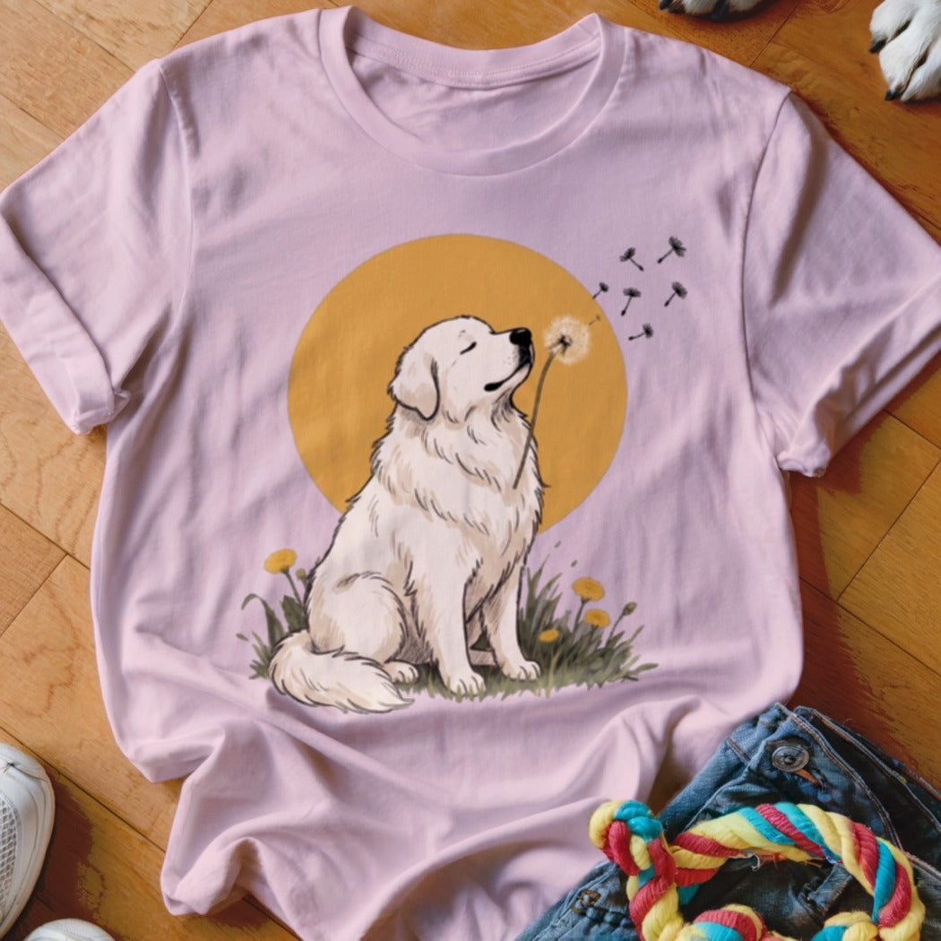 Light pink t-shirt featuring a graphic of a white dog blowing dandelion seeds against a yellow circle.