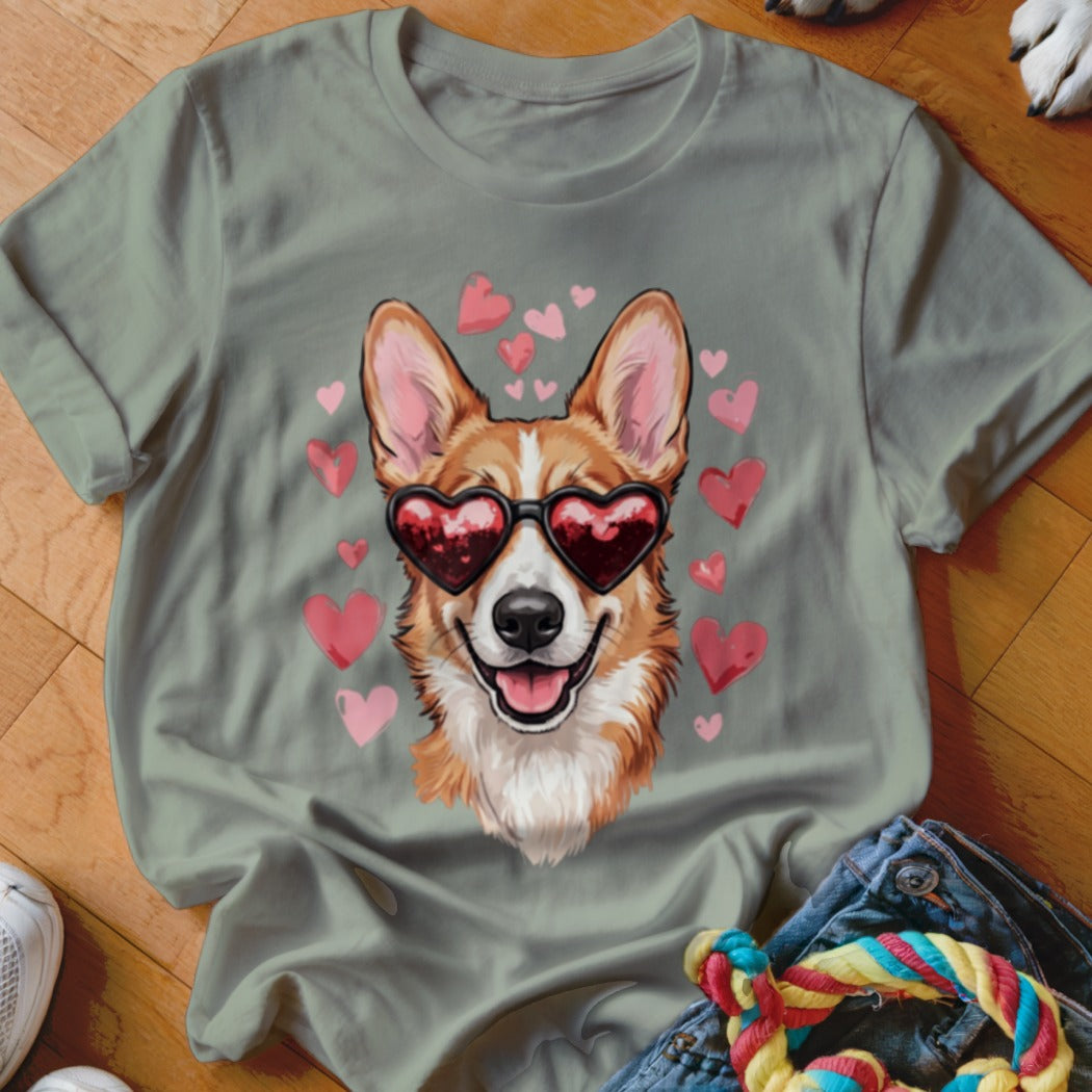 Sage green t-shirt featuring a corgi wearing heart-shaped sunglasses surrounded by pink hearts.