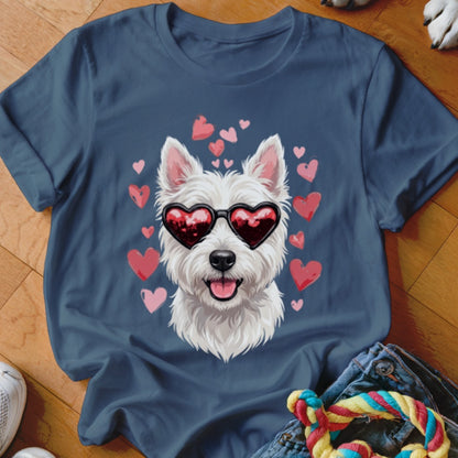 A dark blue t-shirt with a graphic of a white terrier wearing heart-shaped sunglasses, surrounded by pink hearts.