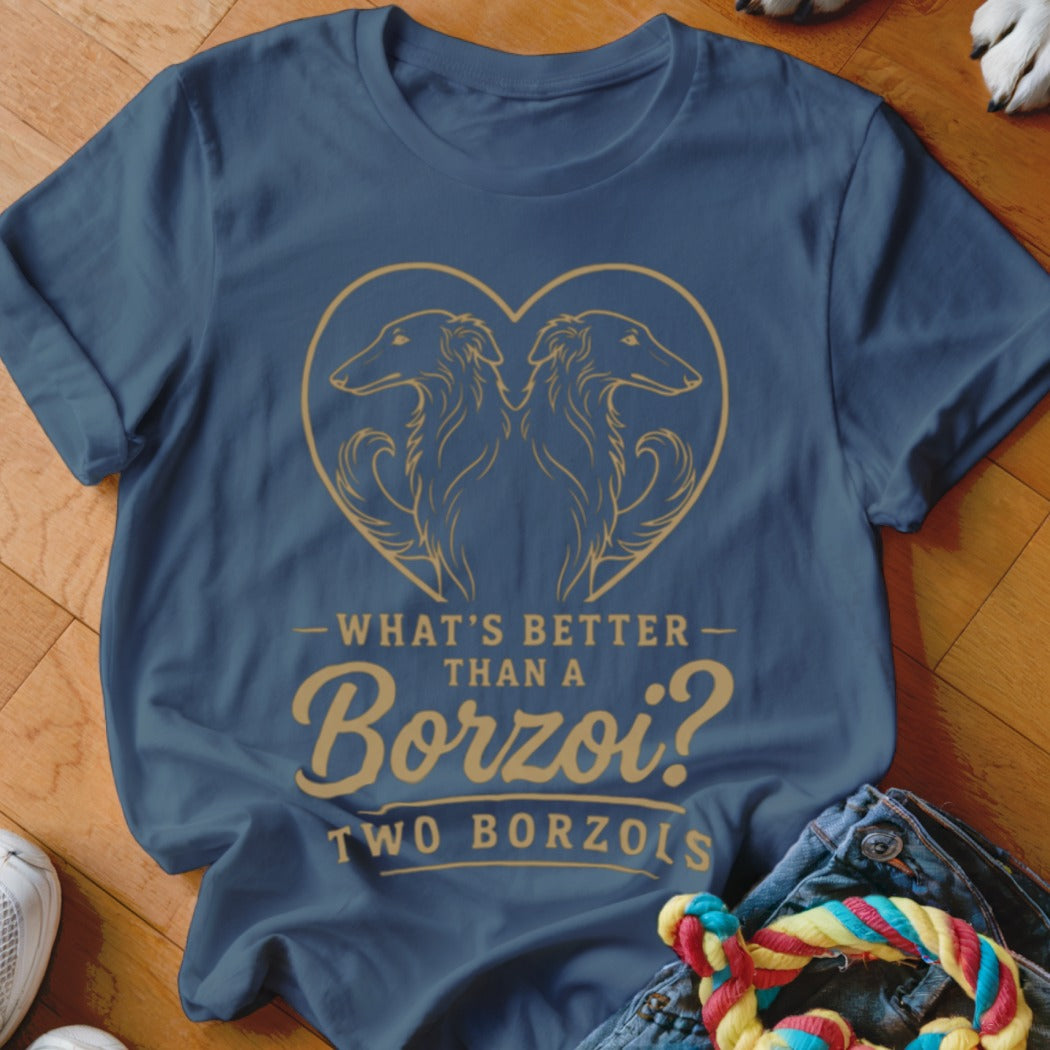 Blue t-shirt with gold outline of two Borzoi dogs inside a heart and text "What's better than a Borzoi? Two Borzols."