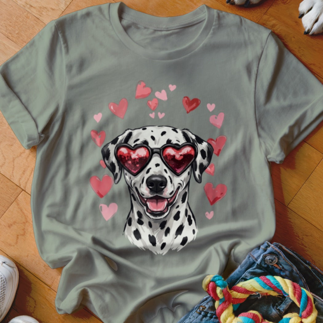 Sage green t-shirt featuring a graphic of a smiling Dalmatian wearing heart-shaped sunglasses surrounded by pink hearts.