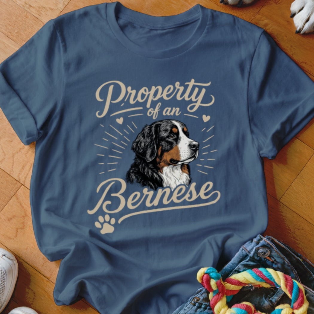 A dark blue t-shirt with a graphic of a Bernese Mountain Dog and the text Property of a Bernese.
