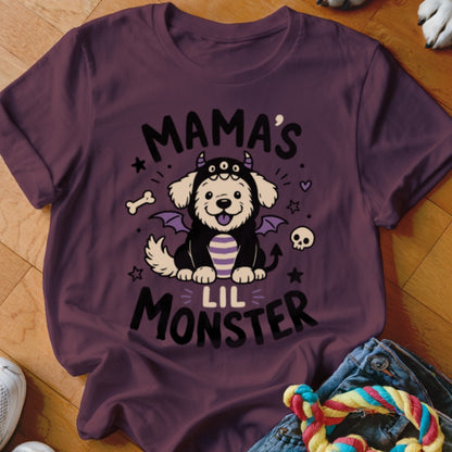 T-shirt with illustration of a dog in a monster costume, text reads "Mama's Lil Monster."