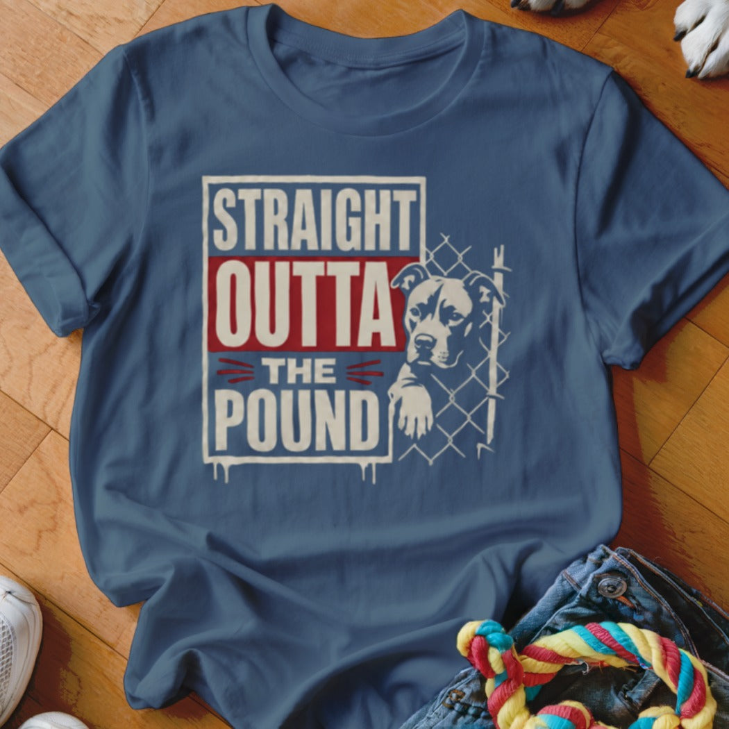 Blue t-shirt with "Straight Outta The Pound" text and a dog behind a fence graphic.