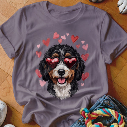 A grey t-shirt featuring a bernedoodle wearing heart-shaped sunglasses surrounded by pink hearts.