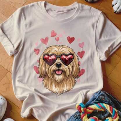 Light pink t-shirt featuring a fluffy dog wearing heart-shaped sunglasses, surrounded by pink hearts.